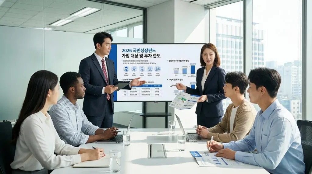 이미지 설명: 2026 국민성장펀드 가입 대상과 투자 한도를 설명하는 사람들